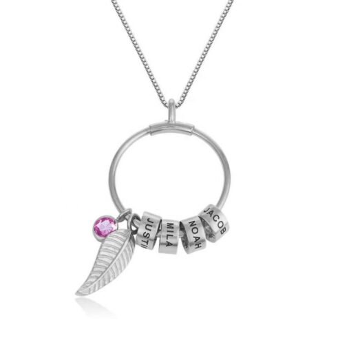 NewSeason Jewelry Birthstone Leaf Charm Circle Ring Necklace Custom Engraved Bead Shopify Fulfillment Memorial Jewelry Family