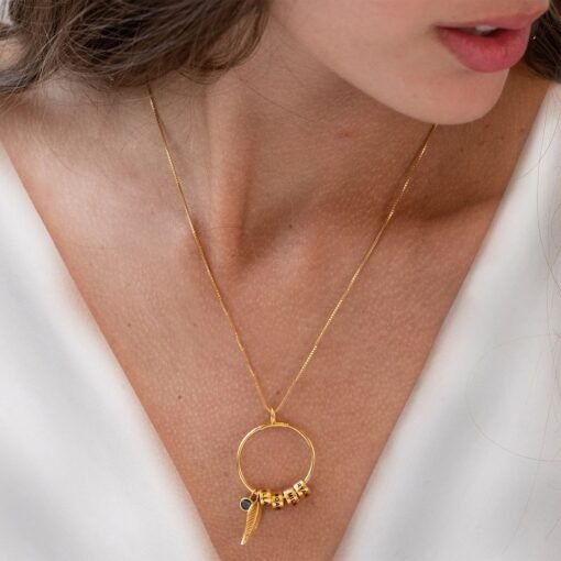 NewSeason Jewelry Birthstone Leaf Charm Circle Ring Necklace Custom Engraved Bead Shopify Fulfillment Memorial Jewelry Family - Image 3