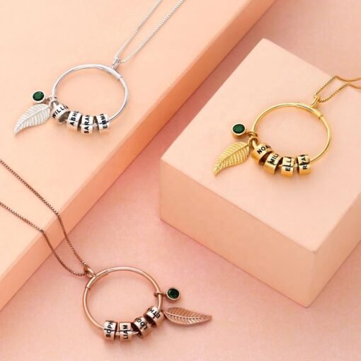 NewSeason Jewelry Birthstone Leaf Charm Circle Ring Necklace Custom Engraved Bead Shopify Fulfillment Memorial Jewelry Family - Image 2