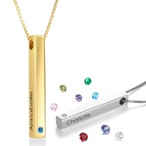 NewSeason Jewelry Color Birthstone Engraved 3D Bar Necklace Stainless Steel Jewelry Custom Name Shopify Fulfillment Mom Memorial