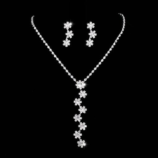 Cross-border jewelry wholesale Bridal Ornament two-piece set silver small chrysanthemum full Diamond Wedding Jewelry necklace earring set