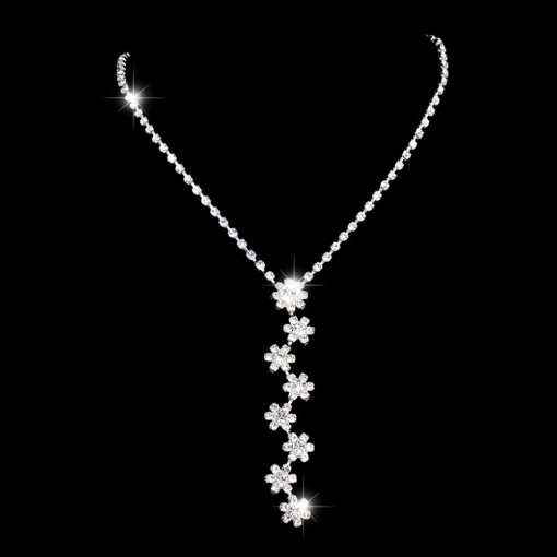 Cross-border jewelry wholesale Bridal Ornament two-piece set silver small chrysanthemum full Diamond Wedding Jewelry necklace earring set - 图片 3