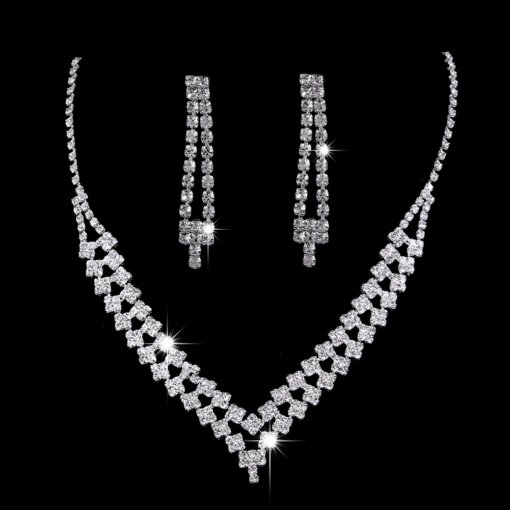 Cross-Border sold jewelry wholesale fashion shine rhinestone quartz silver plated claw chain wedding bride necklace and earrings suite - 图片 6