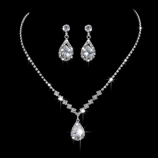 Bright full rhinestone zircon water drop necklace eardrops bride wedding jewelry shooting jewelry suit wholesale - 图片 6