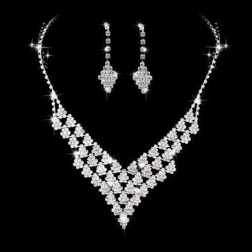 European and American rhombus V-shaped big brand shiny rhinestone quartz women's jewelry necklace earrings stud bridal jewelry suit - 图片 6