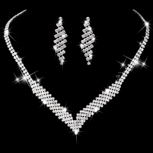 Wedding party accessories V-shaped inlaid rhinestone Silver Women's necklace earrings suit Flower Shadow - 图片 6