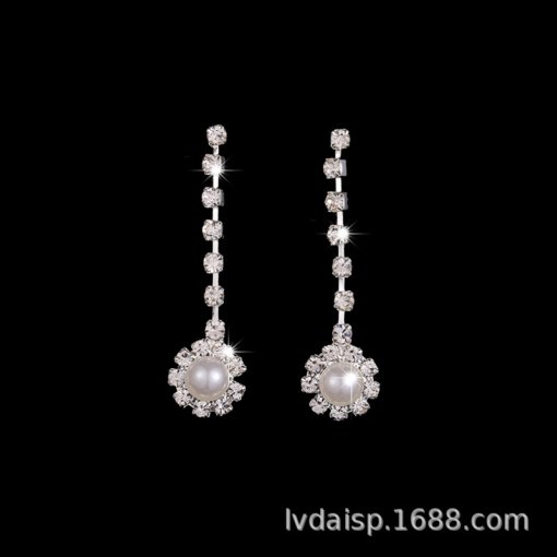 Cross-border jewelry suit new hot simple claw chain rhinestone quartz inlaid pearl bridal necklace three-piece earrings set - 图片 3