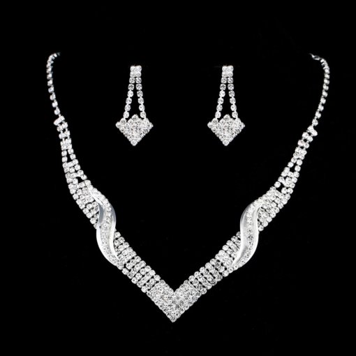 Cross-Border sold jewelry wholesale wedding supplies Women's necklace fashion bright diamond silver necklace earrings suit