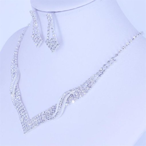 Cross-Border sold jewelry wholesale wedding supplies Women's necklace fashion bright diamond silver necklace earrings suit - 图片 3