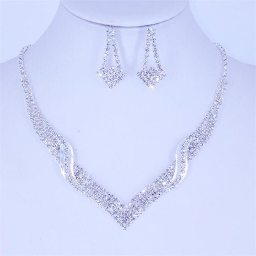 Cross-Border sold jewelry wholesale wedding supplies Women's necklace fashion bright diamond silver necklace earrings suit - 图片 2