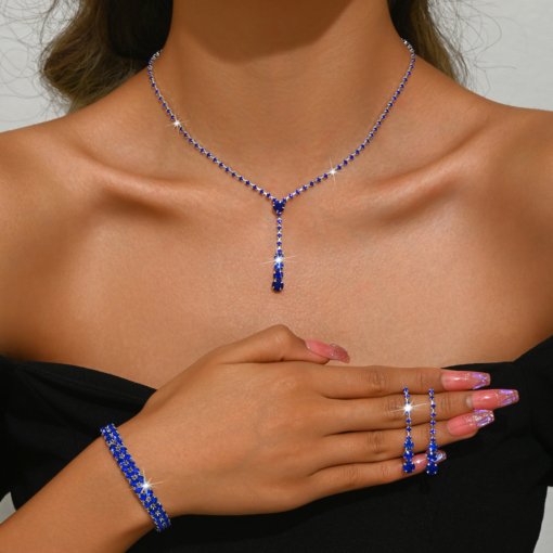 Fashion simple and popular jewelry suit rhinestone double row long necklace ear stud bracelet Middle East wedding - 图片 8