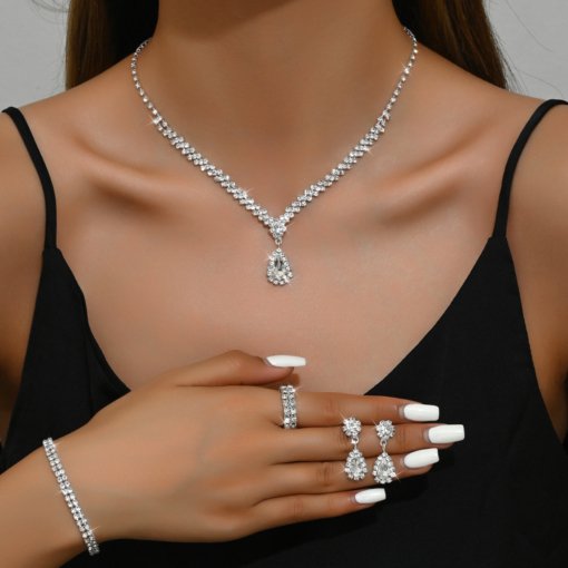 Cross-border European and American style necklace bracelet ring suit bridal accessories jewellery zircon earrings four-piece dress wedding dress - 图片 4