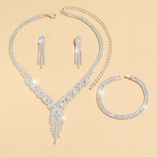 Fashion simple loose diamond zircon jewelry suit wedding accessories temperament bride necklace earring bracelet suit - Image 3