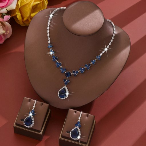 New European and American royal blue earrings water drop pendant fashion bridal accessories zircon necklace jewelry suit - 图片 5