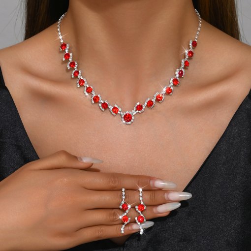 Europe and America cross border ornament light luxury full diamond necklace stud earrings suit fashion wedding jewelry ornament multicolor - 图片 4