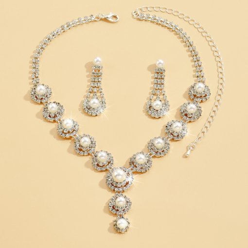 Amazon cross-border sold jewelry wholesale European and American rhinestone suit necklace female inlaid artificial pearl earrings bridal set - Image 3