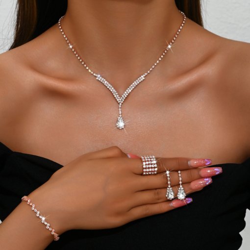 Fashion simple V-shaped water drop necklace earrings bracelet ring ornament full diamond suit bride formal dress accessories - 图片 4