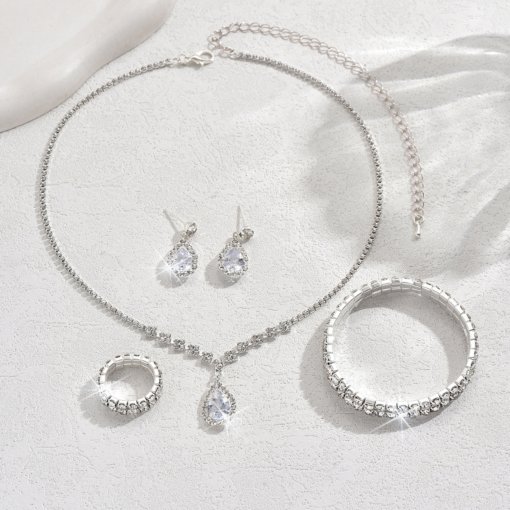 Bridal Ornament necklace bracelet earrings ring set rhinestone zircon wedding dress women wedding accessories advanced - 图片 3