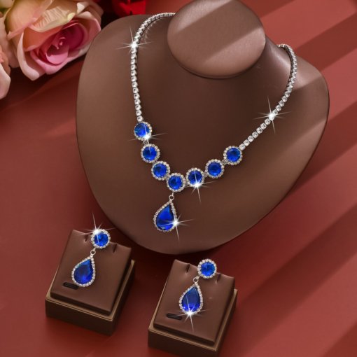 Europe and America cross border new fashion ornament drop shape necklace elegant geometric luxury banquet zircon necklace earrings - 图片 5