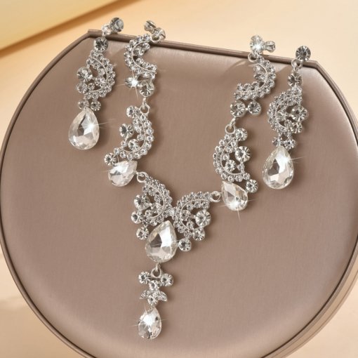 Fashion European and American style bridal suit full diamond-shaped diamond-embedded gorgeous necklace earrings simple set suit bridal gown - 图片 3