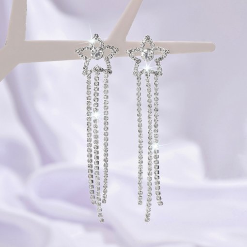 European and American new five-pointed star diamond inlaid zircon long fringe earrings women's luxury temperament bride ear rings wholesale - 图片 2