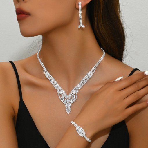 2024 new fashion trendy European and American zircon earrings necklace bracelet three-piece set women's wedding wholesale