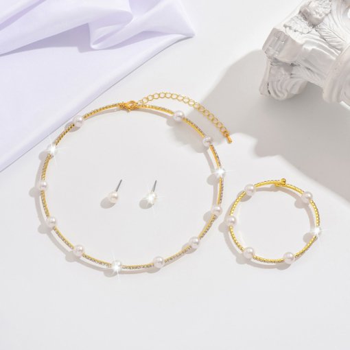 French single row Pearl zircon rhinestone collar bracelet earrings suit Bride wedding dress accessories clavicle necklace - 图片 5