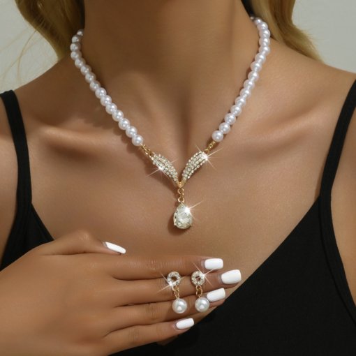 Jewelry set Korean style personality imitation pearl necklace and earrings suite Women's temperament bride formal dress accessories