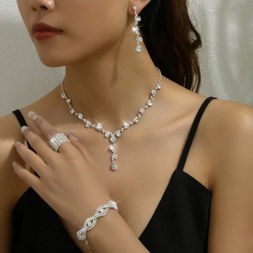 2022 fashion crystal rhinestone necklace ear stud bracelet three-piece jewelry accessories wedding decoration all-match bride - 图片 22