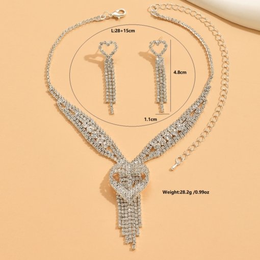 Cross-border European and American wedding photo studio bridal wear accessories shining full diamond three-layer heart tassel necklace/eardrops suit - 图片 3