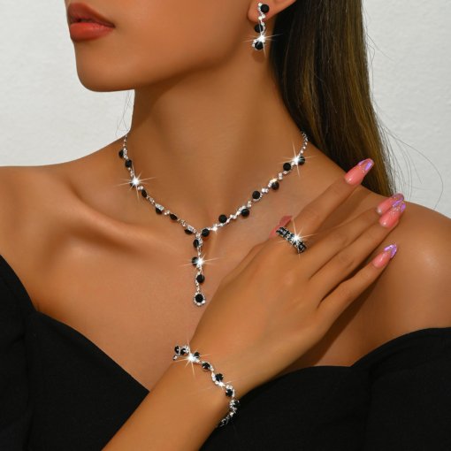 2024 cross-border fashion crystal rhinestone necklace ear stud bracelet ring jewelry wedding decoration all-match bride suit - 图片 10