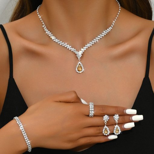 Cross-border European and American style necklace bracelet ring suit bridal accessories jewellery zircon earrings four-piece dress wedding dress - 图片 6