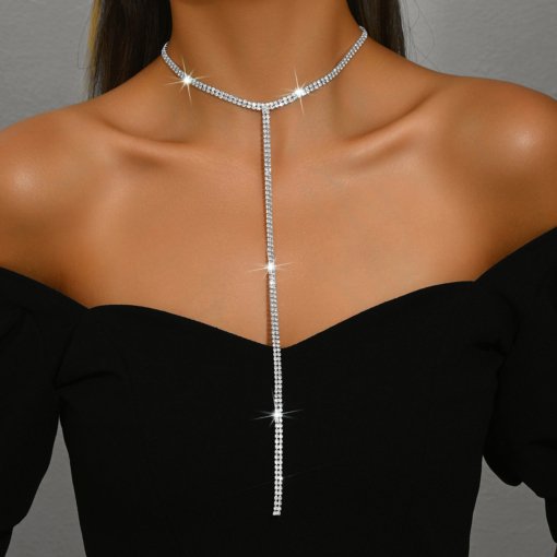 Necklace European and American Necklace accessories simple advanced style sexy fashion all-match long T-shaped crystal Necklace - Image 8