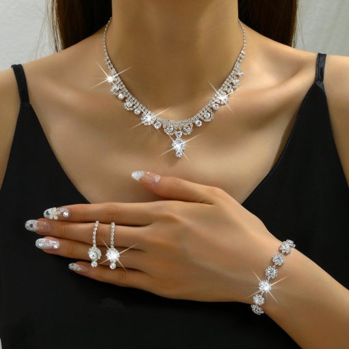 Cross-border sold jewelry wholesale wedding rhinestone quartz necklace and earrings suite light classic decorative flowers bridal jewelry set - 图片 6