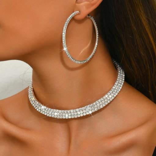 2024 fashion elegant luxury full diamond shiny rhinestones Paster neck collar bracelet tassel earrings suit bride ornament - Image 6