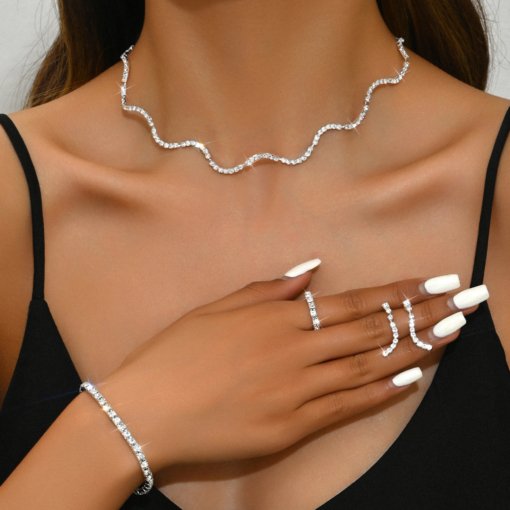 European and American fashion and fully-jewelled shiny necklace earring ring bracelet suit bridal necklace earrings five-piece set ornament