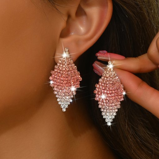 Europe and america cross border luxurious style shiny full diamond earrings women's fashion geometry pattern rhombic ear studs earrings factory direct sales