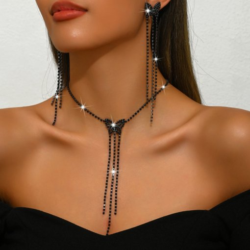Europe and America cross border high-end butterfly-shaped long tassel necklace and earrings suite high-grade necklace earrings two-piece set - Image 2