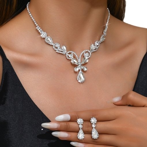 Fashion trendy zircon luxury necklace earrings White Butterfly suit ins live popular wear dress wear - Image 5
