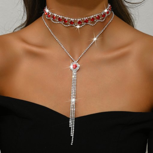 Fashion European and American style banquet double layer neck accessories clavicle chain Internet celebrity bunch necklace sexy Y-shaped necklace necklace full Diamond - 图片 3