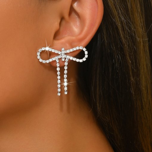 Super Flash claw chain full diamond bow earrings European and American eye-catching accessories women's fashion banquet bride ornament cross-border supply - 图片 2