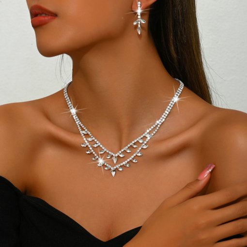 Multi-layer luxury fashion diamond pendant necklace earrings two-piece set European bride wedding necklace earring jewelry - 图片 2