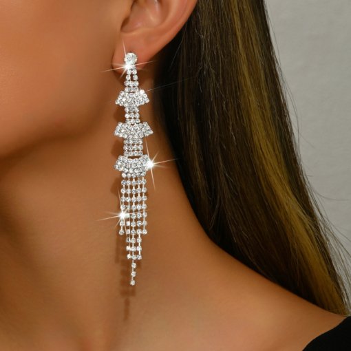 Korean style beautiful classical earrings ultra-long rhinestone tassel nightclub earrings dress banquet earrings wholesale - 图片 2