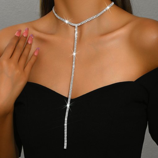Necklace European and American Necklace accessories simple advanced style sexy fashion all-match long T-shaped crystal Necklace - Image 4