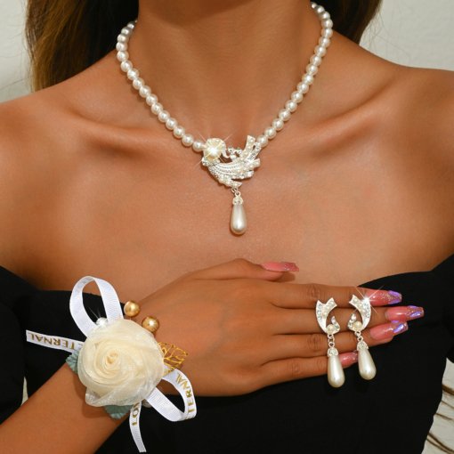 European and American anti-pearl necklace earring bracelet suit alloy flower bridal dress personalized set suit women's fashion temperament - Image 6