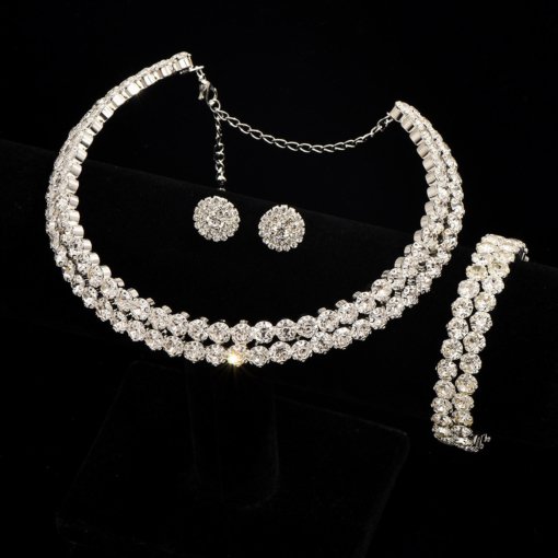 Hot sale luxury women's double row big water diamond silver collar hand ring stud earrings 3-piece set 888