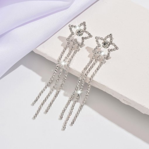 European and American new five-pointed star diamond inlaid zircon long fringe earrings women's luxury temperament bride ear rings wholesale - 图片 3