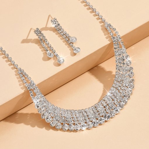 New Bright full diamond rhinestone necklace eardrops suit Bride wedding jewelry simple graceful all-match suit suit wholesale - 图片 2