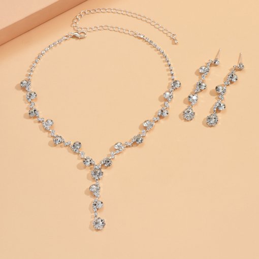 2022 fashion crystal rhinestone necklace ear stud bracelet three-piece jewelry accessories wedding decoration all-match bride - 图片 6