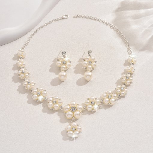 Europe and America cross border vintage court Pearl rhinestone necklace earrings flower bridal necklace two-piece earrings set Wholesale - Image 5